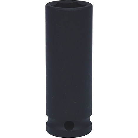 Dunkelgraue Steckschlüsseleinsatz mit sechseckiger Öffnung, Bohrung und Aussparung.